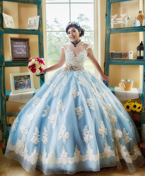 Popular Light Sky Blue and White Quinceanera Dress Cap Short Sleeve Applique Lace with Beads Sash Bow Vestidos de 15 anos Ball Gown 2017