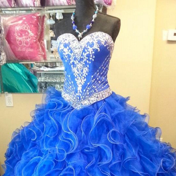 Ball Gown Royal Blue Quinceanera Dresses Two Pieces Crystals Beading Ruffles Organza Puffy 2017