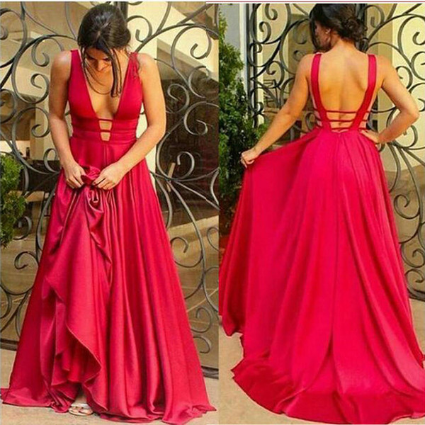 quinceanera dresses prom dresses Long Bridesmaid Red Sheath/Column v-neck Chiffon Satin Backless Evening Dresses Custom size CK043