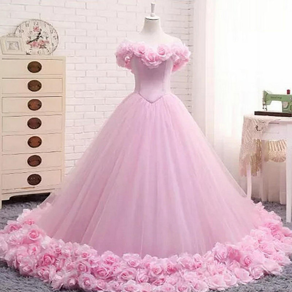 New Puffy Pink Quinceanera Gowns Princess Cinderella Formal Long Ball Gown Bridal Weddings Dresses Chapel Train Off Shoulder 3D Flower 408