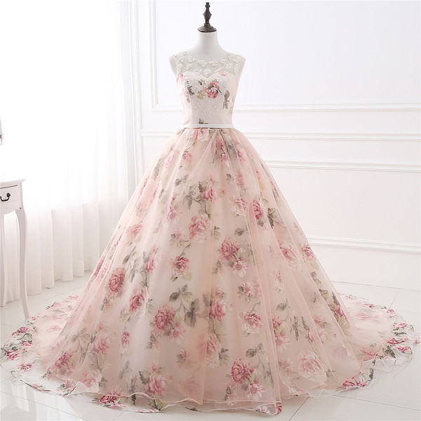 Elegant Print Flower Prom Dresses Ball Gown Evening Gown Quinceanera Dresses 2017 Real Photo Vestidos Festa Lace Up Back