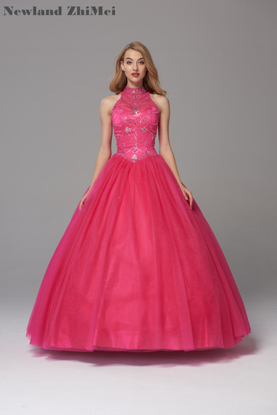 Fuchsia Pink Ball Gown Quinceanera Dress Best Selling High Neck Crystal Bead Tulle Quinceanera Party Dresses 