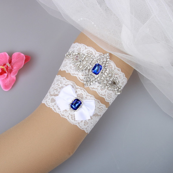 Bridal Garters Blue Crystal Beads Bow 2pcs Set White Lace For Bride's Wedding Garters Leg Garters Plus Size In Stock Cheap