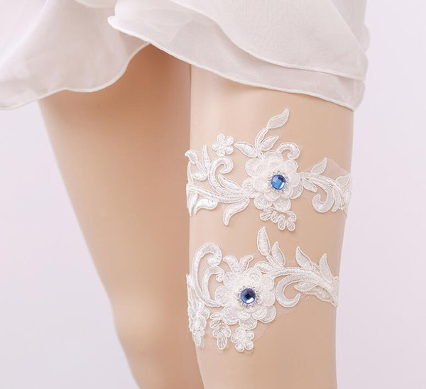 Bridal Wedding Leg Garter women Garter Blue Rhinestone White Embroidery Sexy Garters 2pcs high quality free ship