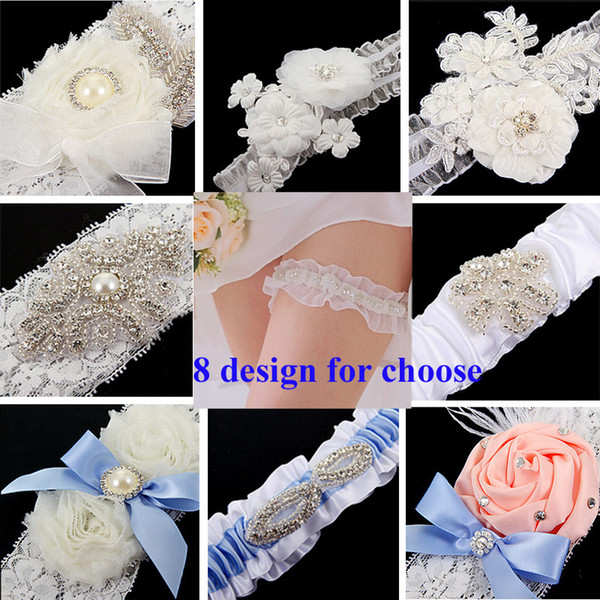 Free Shipping Lace Bridal Garters 8 Design For Choose 2015 Cheap Sexy with Crystal Beads Wedding Leg Garters Bridal Accessories TYC005