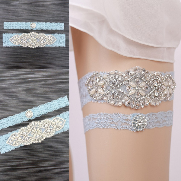 Free Shipping sky blue Lace Bridal Garters 2018 Cheap Sexy with Crystal Beads Wedding Leg Garters Bridal Accessories Stunning Garters New