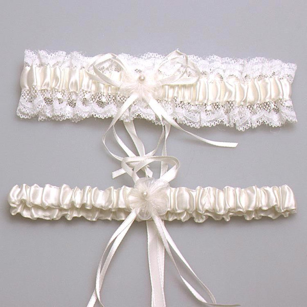 Sexy New 2015 Bridal Accessory Satin Lace Ivory Pink Blue Garter Silk Ribbon Floral Pearl Wedding Decoration Garter Free Shipping CPA281