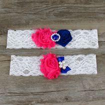 Real Picture Lace Bridal Garters Handmade Flowers Crystal Wedding Garters Pearls White Nave Blue and Fuchsia Flower Cheap Wedding Leg Garter