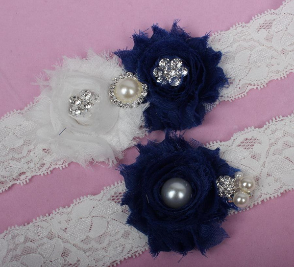 Navy Blue Chiffon Flower Bridal Garter Sexy White Lace Wedding Garters Sexy Bridal Accessories Belt For Women Plus Size Garter Belt 2015