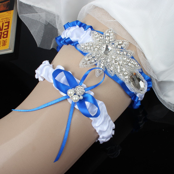 Crystals Royal Blue White Satin Ribbon Wedding Garter Set Free Shipping Something Blue Wedding Bridal Leg Garters Wedding Accesorries