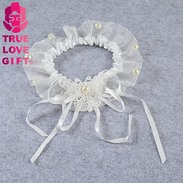 Bridal Garters 2017 New Arrival with Bows and Pearls Feminine Organza Wedding Garters with Ribbons and Crystals