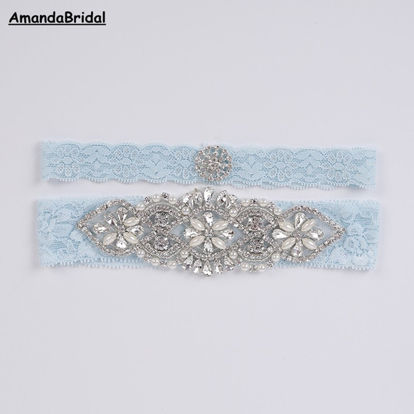 Amandabridal Womens Wedding Accessories Garter Hand-beaded Sky Blue Lace Bridal Garter Sets Couture Pearl Crystal Rhinestone