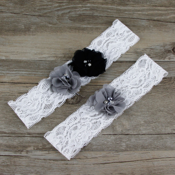 Two Pieces / Set High Quality Bridal Garter Belts With Lace Gray Chiffon Flower Beads Real Photos Wedding Garters #BW-G007
