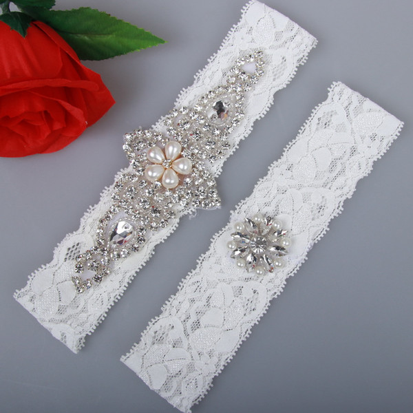 2 Pieces set Bridal Garters for Bride Lace Wedding Garters Sexy Real Picture Pearls Glass Crystals stones Handmade Cheap Wedding Leg Garters