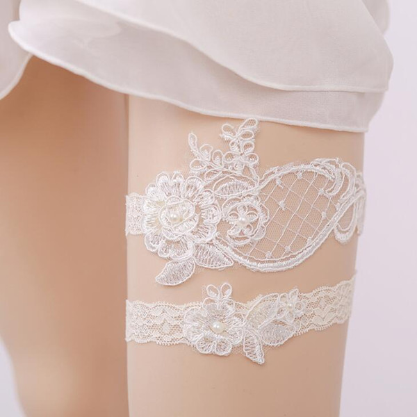 2pcs Wedding Bridal Garter White Lace Flower Rhinestone Garter Women Bride Garter Set Accessories free shipping