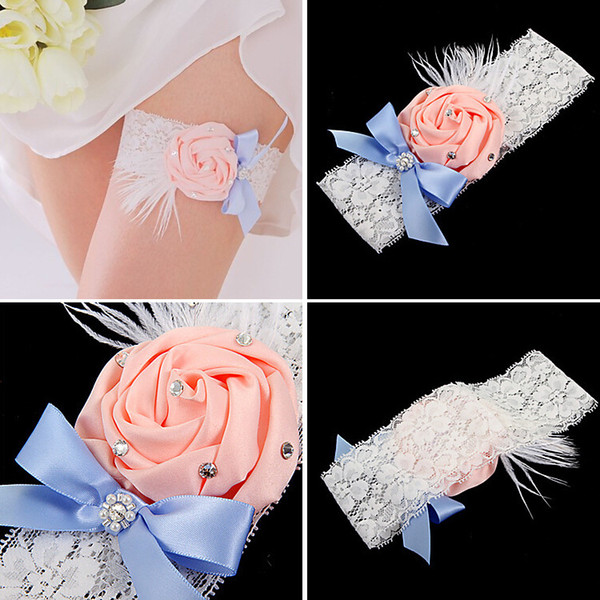 Wedding Garter Ivory Bridal Garter Ivory Lace Garter Pink Rolled Rosette and Crystal Rhinestone TYC005-5