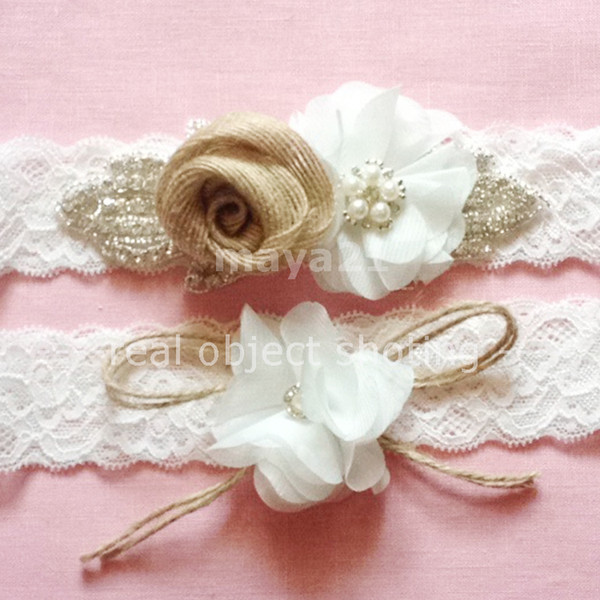 Set Of Two Rustic Bridal Wedding Garter Burlap And Beaded Crystal Wedding Garters Rustic Bridal Wedding Accessories Flower Garter For Bride