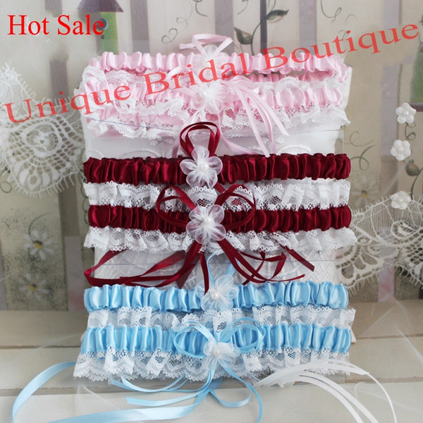 Bridal Garter Set 2017 Hot Sale 2-Piece Wedding Garters in Burgundy Pink Sky Blue Navy Blue Colors Satin & Lace Garter with Pearls & Flowers