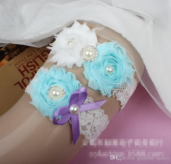 Blue Chiffon Flower Bridal Garter Crystal Rhinestones Wedding Garters Sexy Bridal Accessories Purple Bowknot Plus Size xxl Garter Belt 2015