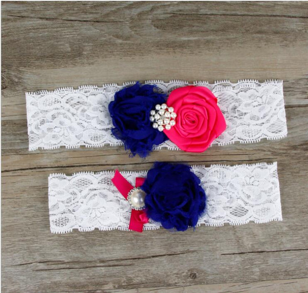 2 Pieces set Royal Blue Flowers Bridal Leg Garters Prom Garter Bridal Wedding Garter Bow Pearls Free Size