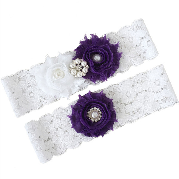 Vintage Bridal Garters Lace White with Purple Flowers and Pearls Wedding Garter Belt Set Keepsake and Toss Away Leg Garter Free Shipping