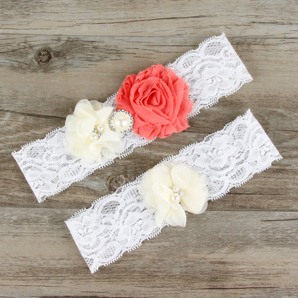 Two Pieces / Set High Quality Bridal Garter Belts With Lace Chiffon & Satin Flower Beads Real Photos Wedding Garters #BW-G004