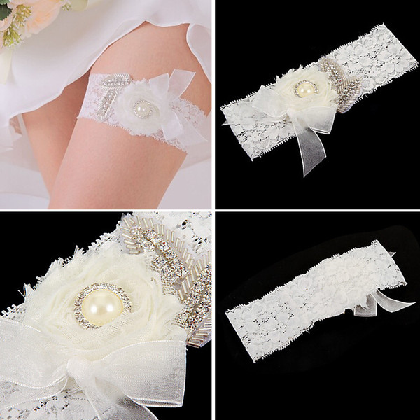 Hot Sale Lace Bridal Garters White Elegant 2015 Sexy with Rhinestones Wedding Leg Garters hand made flowers Bridal Accessories TYC005-4