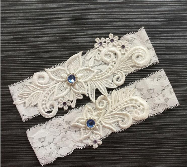 Two Pieces Set High Quality White Ivory Bridal Garter Belts With Lace Royal Blue Beads Real Photos Wedding Garters