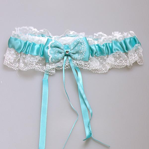 European and American Style Bridal Garters 2017 Hot Sale Satin & Lace Wedding Garter Crystal in Mint Color 34-66cm Length Custom Color
