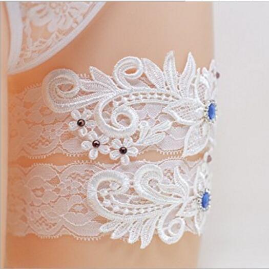 Two Pieces Set High Quality White Ivory Bridal Garter Belts With Lace Royal Blue Beads Real Photos Wedding Garters