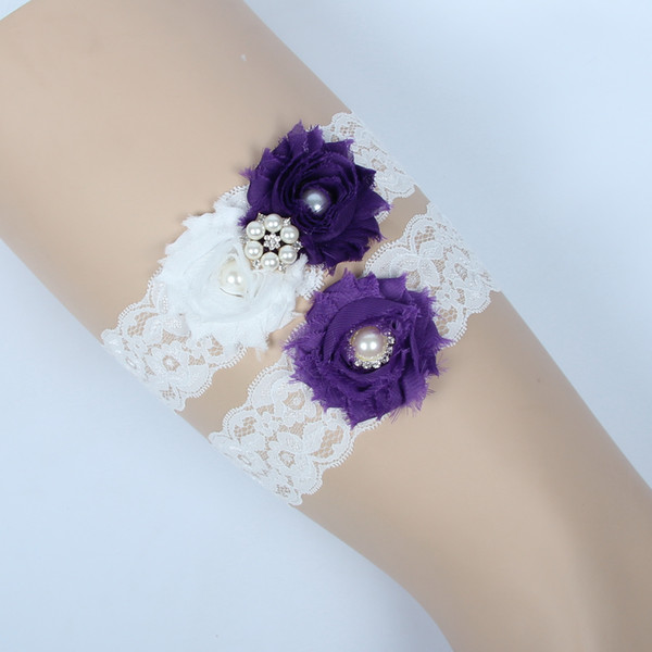 Vintage Bridal Garters Prom Garter Bridal Wedding Garter 2 Piece set Purple Lace Rhinestones Pearls Crystals In Stock Cheap Plus Size