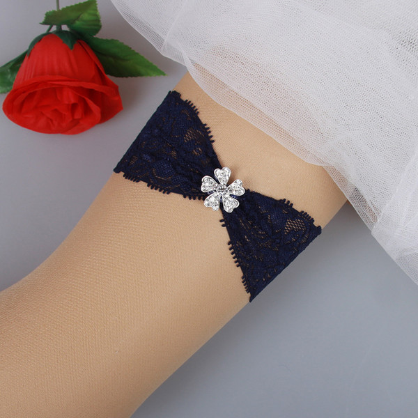 1pcs Vintage Navy Blue Lace Wedding Garter Free Shipping 2017 Flower Crystal Pearl Sexy Lace Wedding Bridal Garters Leg Garter In Stock