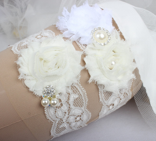 Wedding Garters For Bride Bridal Ivory Leg Garters Belt set Lace Rhinestones Crystals Plus Size Chiffon Flowers handmade In stock