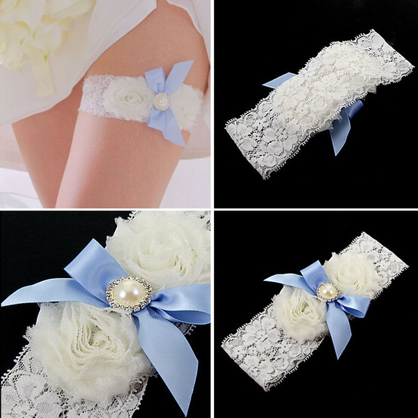 Wholesalel White and Sky Blue Pearl Flower Wedding Bridal Garters 2015 Cheap Lace Elastic Wedding Garters For Wedding Favors Supplies Sale