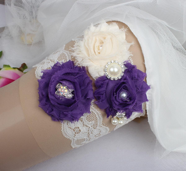 Purple Flower Bridal Garters Crystal Rhinestone Lace Sexy Bridal Accessories Leg Garter Belt Bride to Be Fantasias Sexy Erotic Feminina