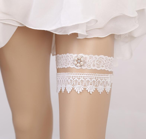 CD01 Hot Sell White 2 Pieces set Bridal Garters for Bride Wedding Garters Lace Hot style bridal socks with bridal lap Pearls