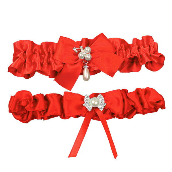 Red Satin Toss Away and Keep One Bridal Garter Set Wedding Garters For Bride with Rhinestones Leg Garter Free Shipping