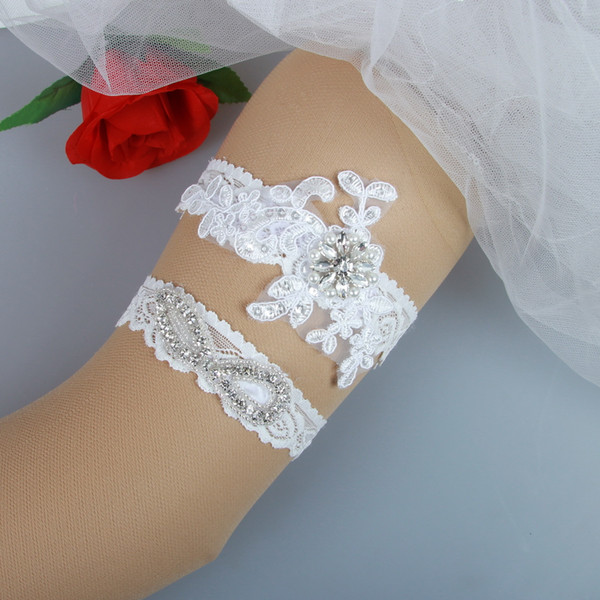 2 Pieces set Lace Bridal Garters Wedding Garters Real Picture Appliques Crystals Beaded Pearls Handmade Wedding Leg Garters Cheap