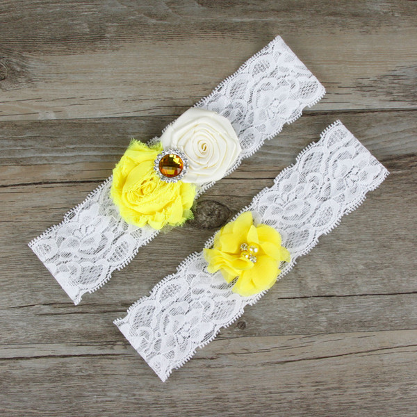 Two Pieces / Set High Quality Bridal Garter Belts Yellow With Lace Chiffon / Satin Flower Beads Real Photos Wedding Garters #BW-G010