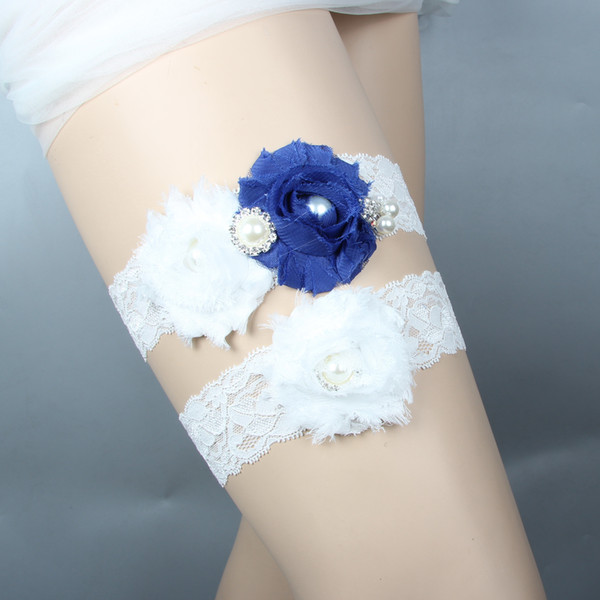 White Bridal Garters for Bride Lace Wedding Garters 2 Pieces set Sexy Real Picture Pearls Handmade Chiffon Flowers Royal Blue Cheap