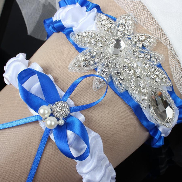 Royal Blue Satin Bridal Garters Sets Ribbon Bow Pearl Rhinestones Crystal Sexy Wedding Garter Leg Garter 2015 Plus Size Garter