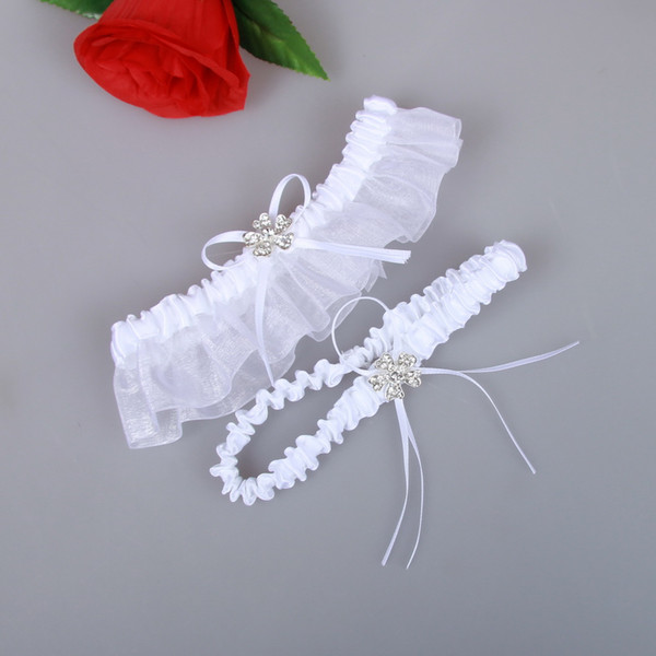 Bridal Garters Belt Organza 2018 Sexy Feminine Crystals Wedding Leg Garters Bow 2 Pcs Set Prom Homecoming Free Size 15-23 Inches White