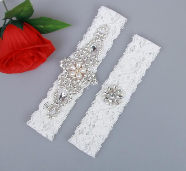 2 Pieces set Bridal Garters for Bride Lace Wedding Garters Sexy Pearls Glass Crystals stones Handmade Cheap Wedding Leg Garters