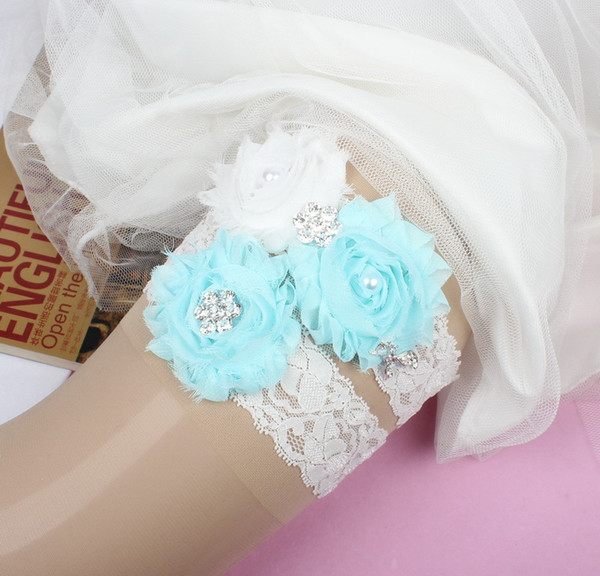 Sexy Lace Flower Handmade Wedding Garter Set 2017 New With Blue Pearl Bridal Leg Garter Belt Beads Bride Accessories