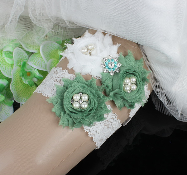 Pearls Crystals Bridal Garters for Bride Lace Wedding Garters Free Shipping Purple Green Flowers Cheap Wedding Leg Garters