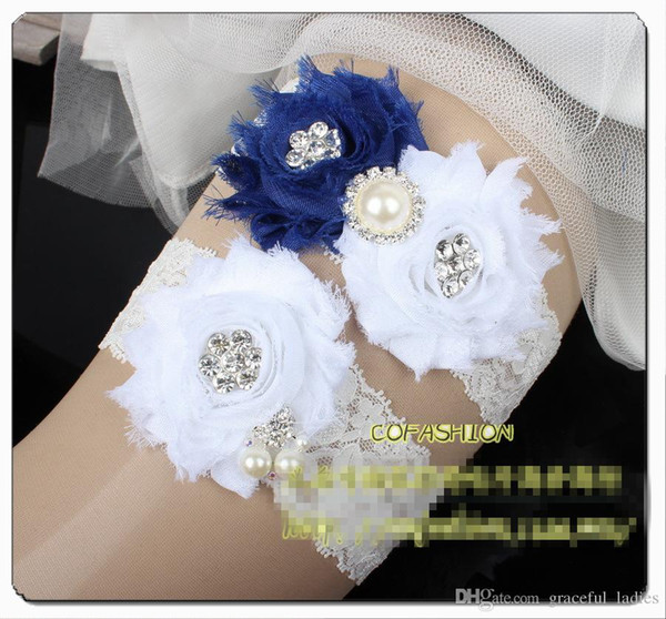 White and Blue Flower Bridal Garters Stretched Lace Rhinestones Crystal Pearl Handmade Bridal Accessories Sexy Wedding Led Garters Wholesale