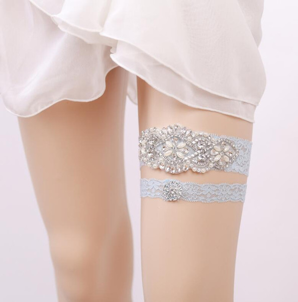 Hot Sell 2 Piece/Set Light Blue Lace Bridal Garters for Wedding Party Lace Bridal Garter with Rhinestone Bridal Accessories