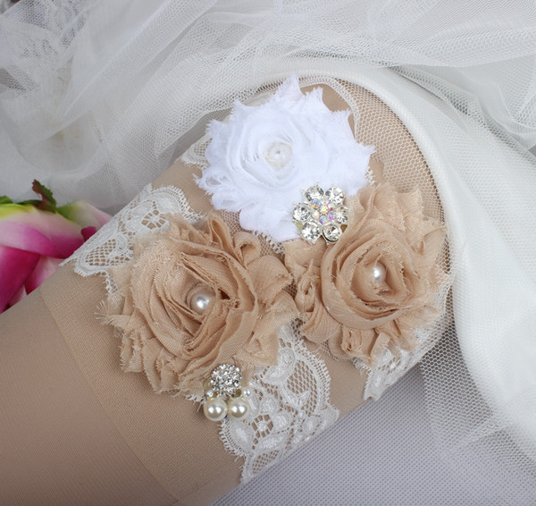 Bridal Garters Rhinestone Pearls Crystal Beads Champagne Flowers Lace For Bride's Wedding Garters Garters Plus Size Factory WholeSeller