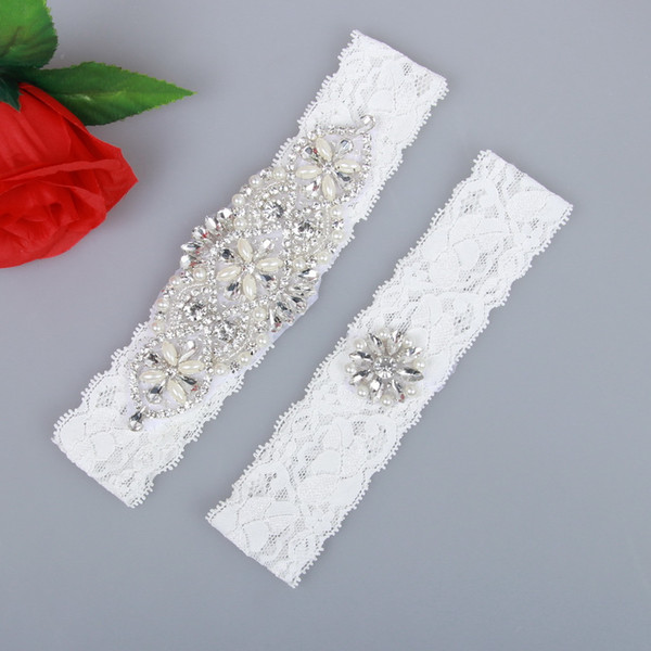 Bridal Garters Rhinestone Pearls Crystal Beads 2pcs Set Handmade White Lace For Bride's Wedding Garters Leg Garters Plus Size EQZ M To 3XL