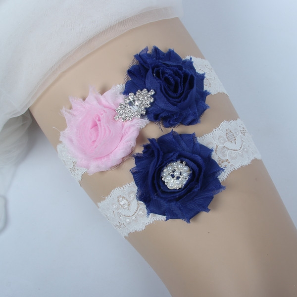 Bridal Garters Rhinestone Crystal Beads 2pcs Set Free Size Pink Blue Chiffon Flowers For Bride's Wedding Garters Leg Garters Plus Size 18089